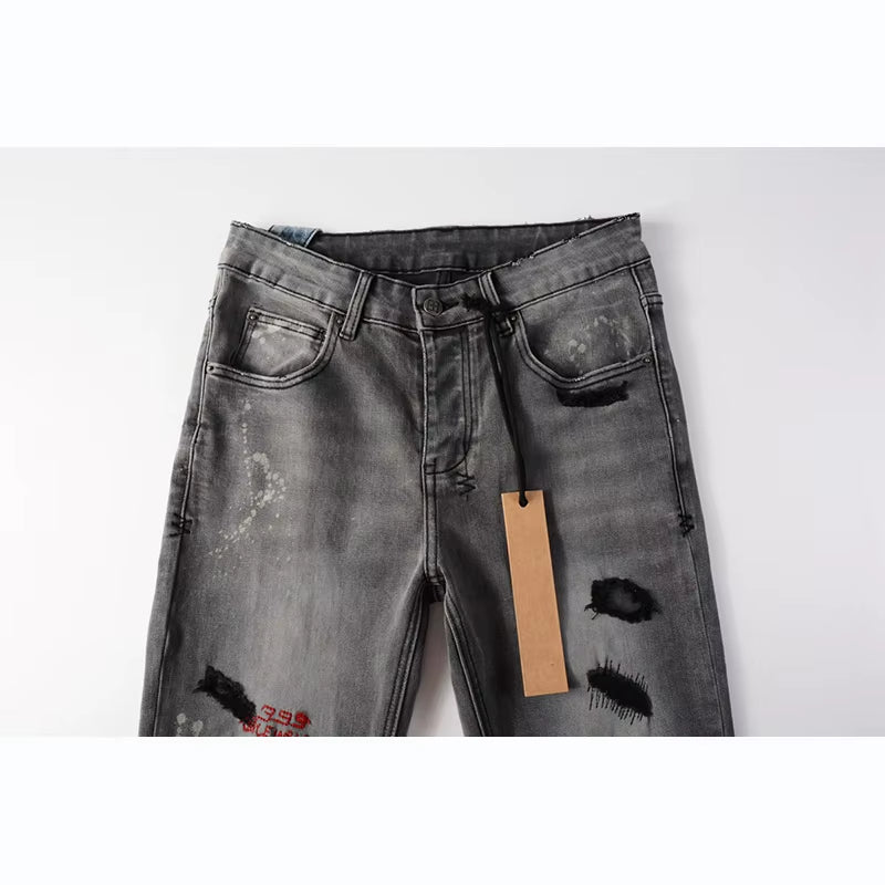 Men'S High Street Distressed Ash Gray Stretch Skinny Letters Embroidered High Quality Button Fly Ripped Jeans Pants