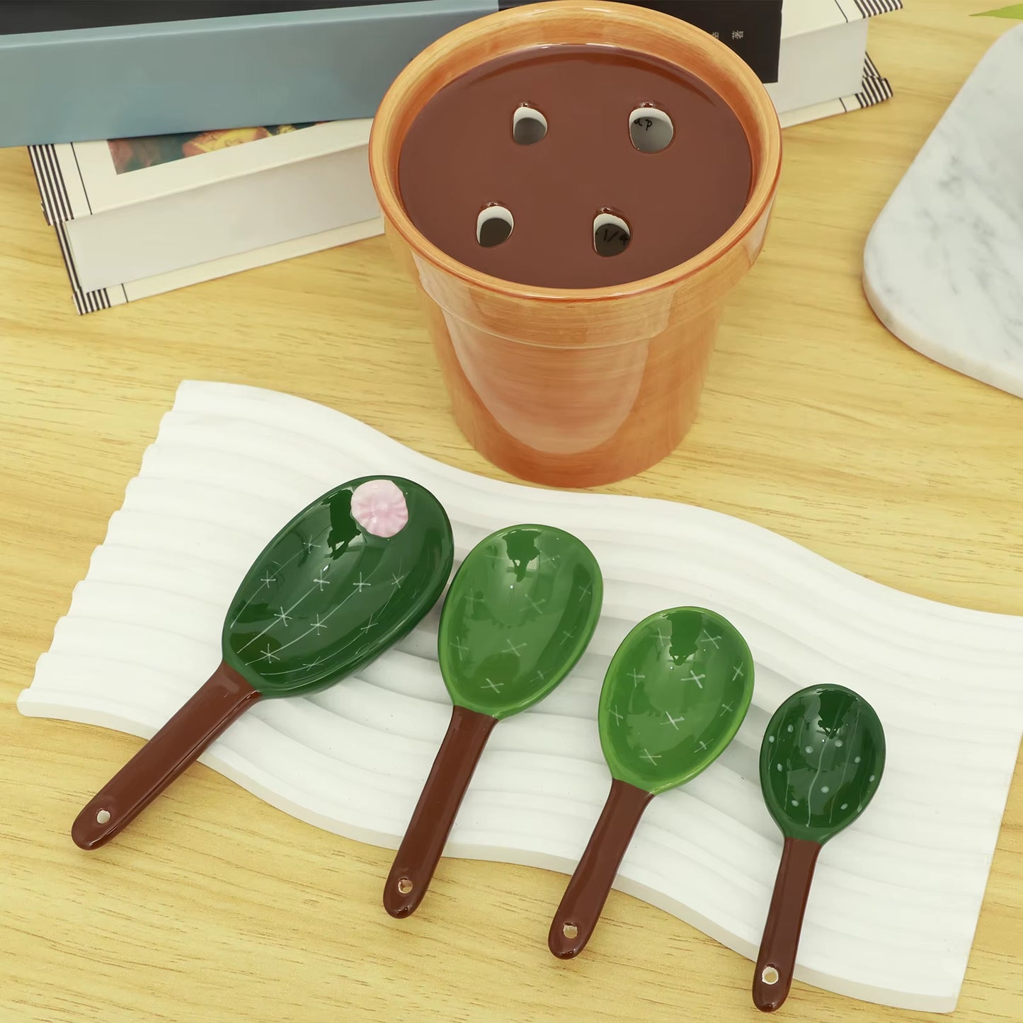 4Pcs Porcelain Measuring Spoons Set Cute Cactus Shape Stirring Soup Spoon Reusable Ceramic Flower Pot Measuring Spoon Set