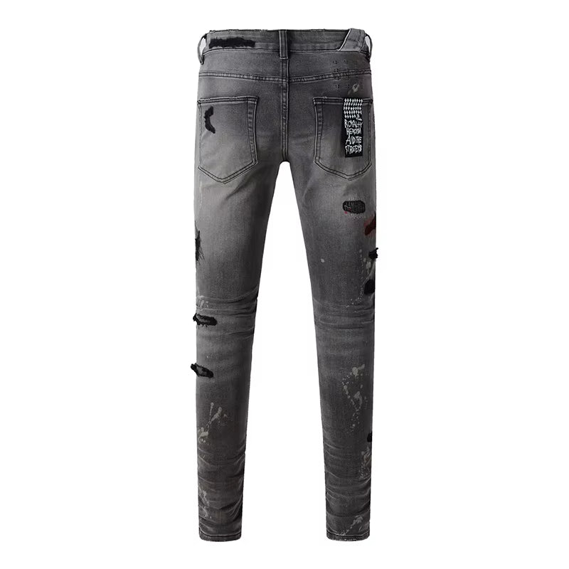 Men'S High Street Distressed Ash Gray Stretch Skinny Letters Embroidered High Quality Button Fly Ripped Jeans Pants