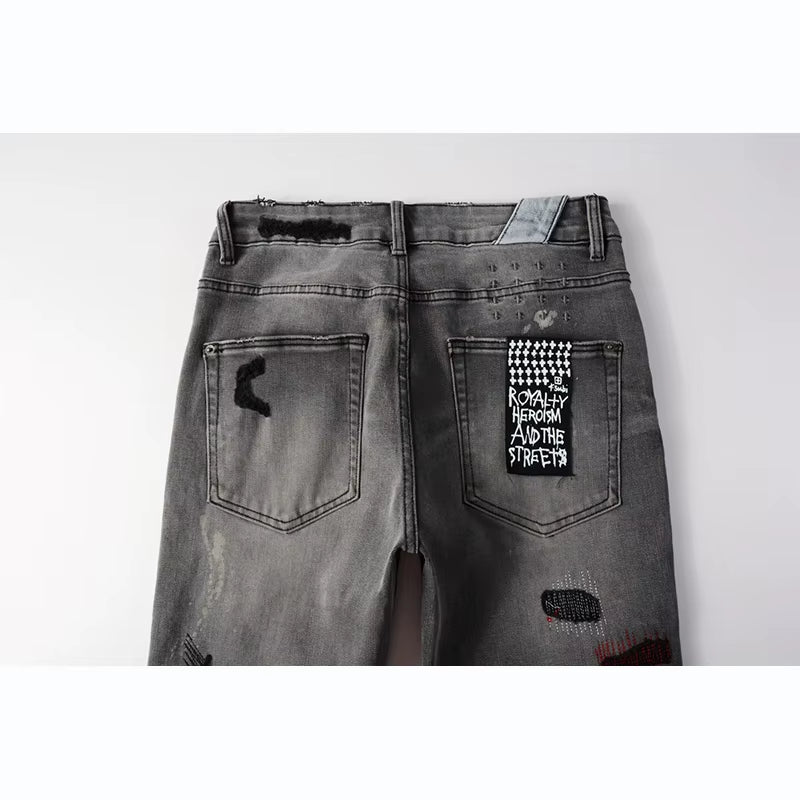Men'S High Street Distressed Ash Gray Stretch Skinny Letters Embroidered High Quality Button Fly Ripped Jeans Pants