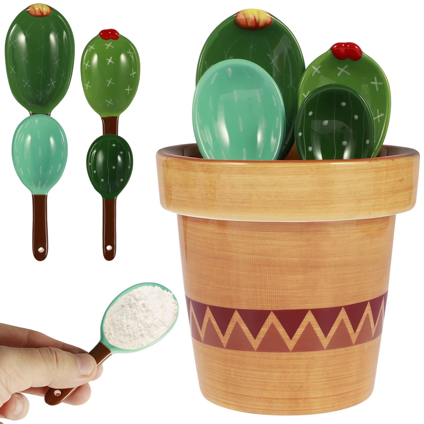 4Pcs Porcelain Measuring Spoons Set Cute Cactus Shape Stirring Soup Spoon Reusable Ceramic Flower Pot Measuring Spoon Set