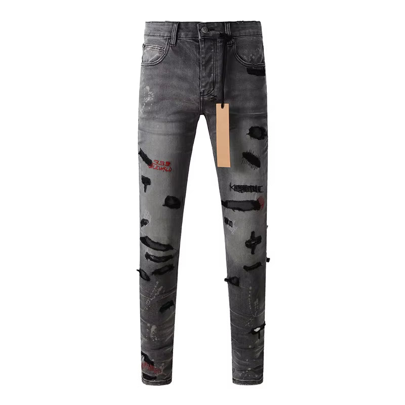 Men'S High Street Distressed Ash Gray Stretch Skinny Letters Embroidered High Quality Button Fly Ripped Jeans Pants