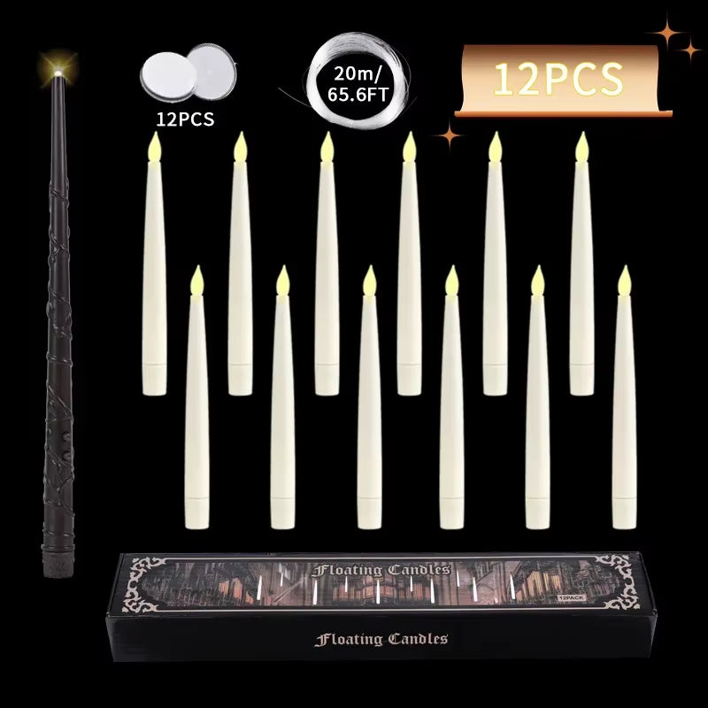 Floating Candles with Wand 12 Pcs Magic Hanging Candles Flickering Warm Light Flameless Floating LED Candle Halloween Decoration