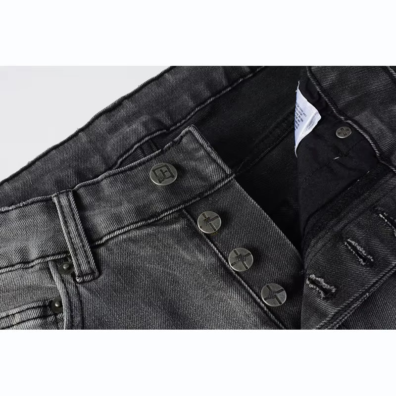 Men'S High Street Distressed Ash Gray Stretch Skinny Letters Embroidered High Quality Button Fly Ripped Jeans Pants