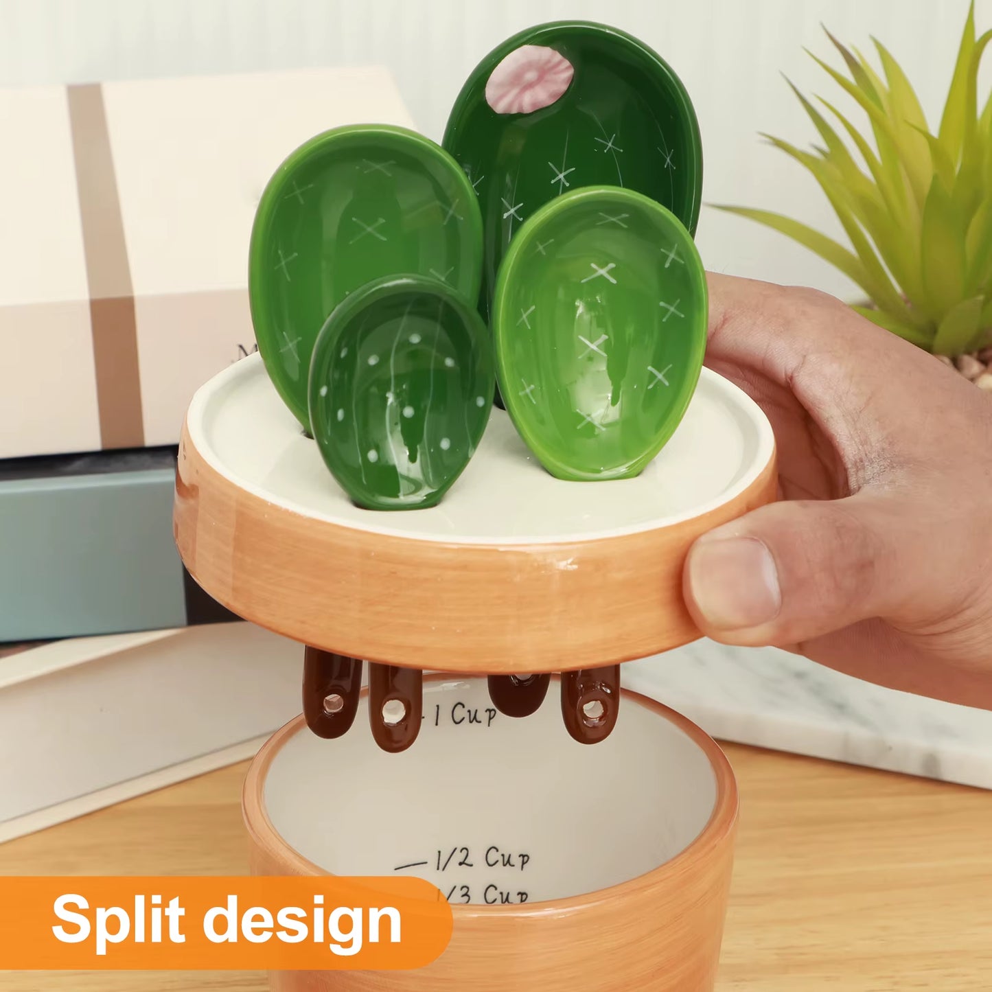 4Pcs Porcelain Measuring Spoons Set Cute Cactus Shape Stirring Soup Spoon Reusable Ceramic Flower Pot Measuring Spoon Set