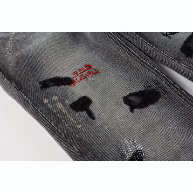 Men'S High Street Distressed Ash Gray Stretch Skinny Letters Embroidered High Quality Button Fly Ripped Jeans Pants