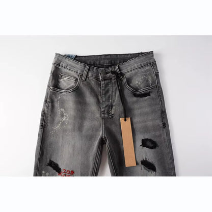 Men'S High Street Distressed Ash Gray Stretch Skinny Letters Embroidered High Quality Button Fly Ripped Jeans Pants