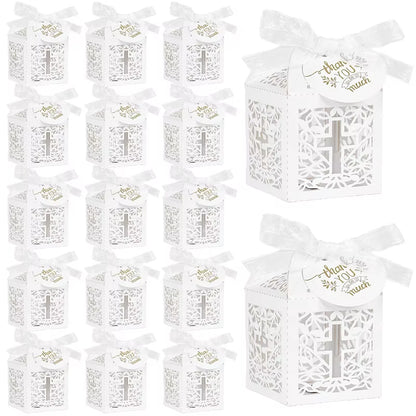 20/50Pcs Christening Favors Candy Box Gift Packaging Box with Thank You Tag Kids Birthday Party First Communion Baptism Supplies
