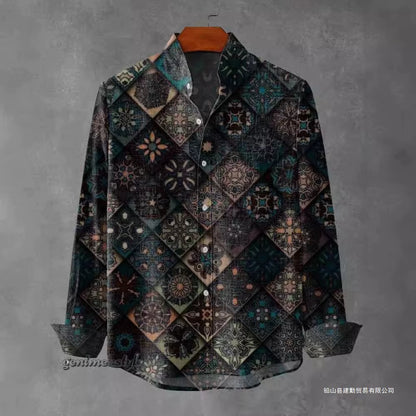 2025 Spring and Autumn Men'S Fashion Stand Collar Linen Long Sleeved Shirt Elegant Fragmented Pattern Printed Top