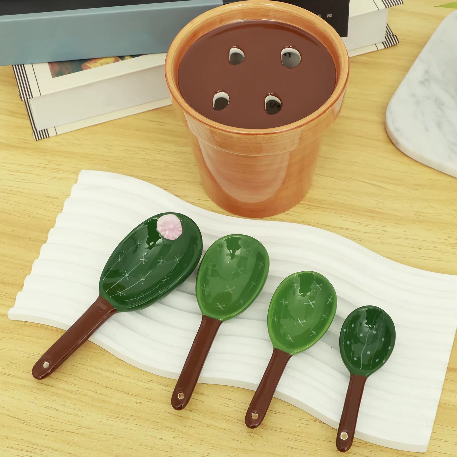 4Pcs Porcelain Measuring Spoons Set Cute Cactus Shape Stirring Soup Spoon Reusable Ceramic Flower Pot Measuring Spoon Set