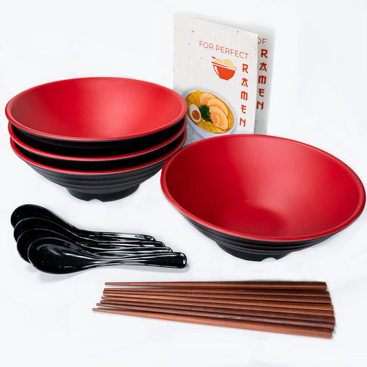 4 Large Ramen Bowl Melamine Noodle Bowl Set (49.5 Oz) Chopsticks and Ramen Spoons Asian Chinese Japanese or Pho Soup with Soup Spoons and Chopsticks Complete Dinnerware