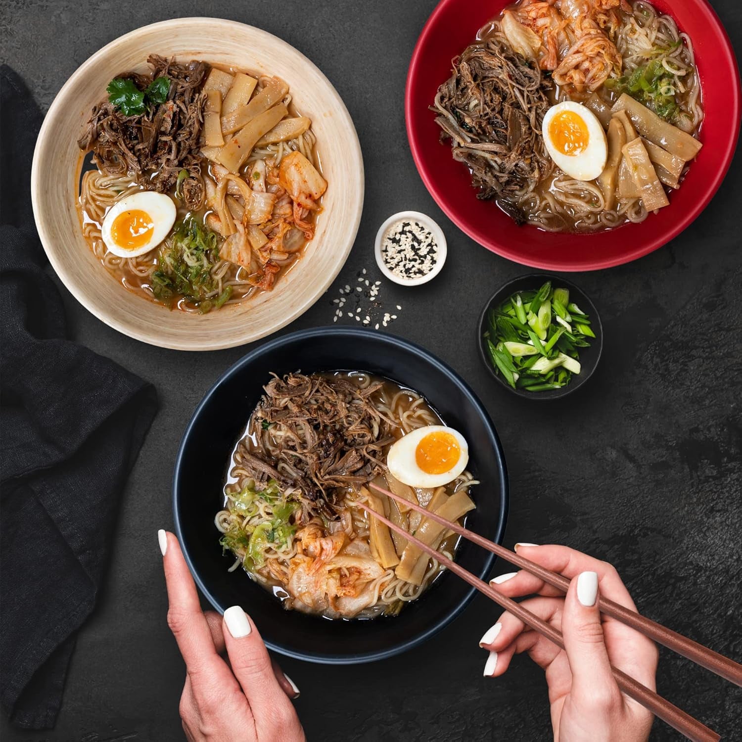 4 Large Ramen Bowl Melamine Noodle Bowl Set (49.5 Oz) Chopsticks and Ramen Spoons Asian Chinese Japanese or Pho Soup with Soup Spoons and Chopsticks Complete Dinnerware