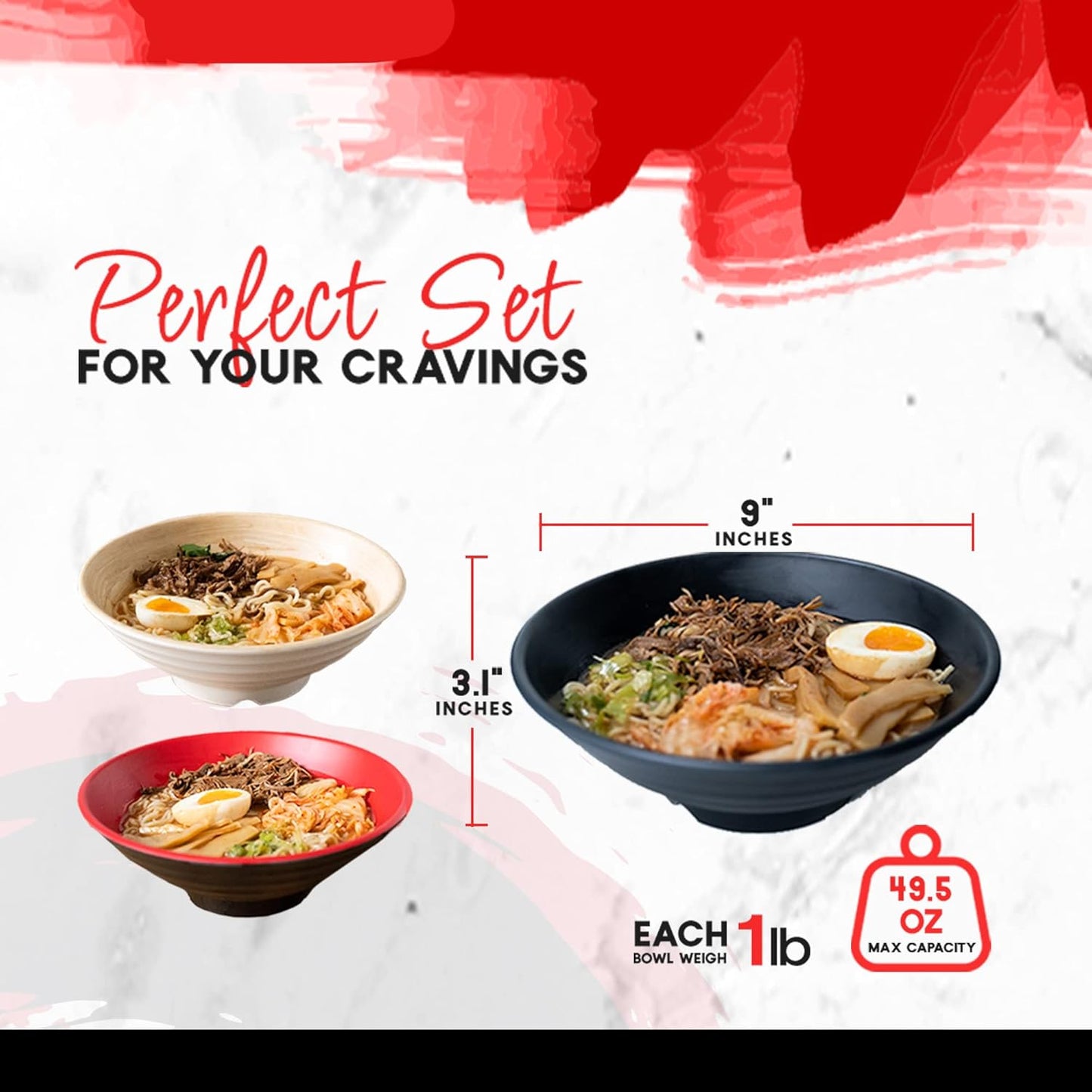 4 Large Ramen Bowl Melamine Noodle Bowl Set (49.5 Oz) Chopsticks and Ramen Spoons Asian Chinese Japanese or Pho Soup with Soup Spoons and Chopsticks Complete Dinnerware