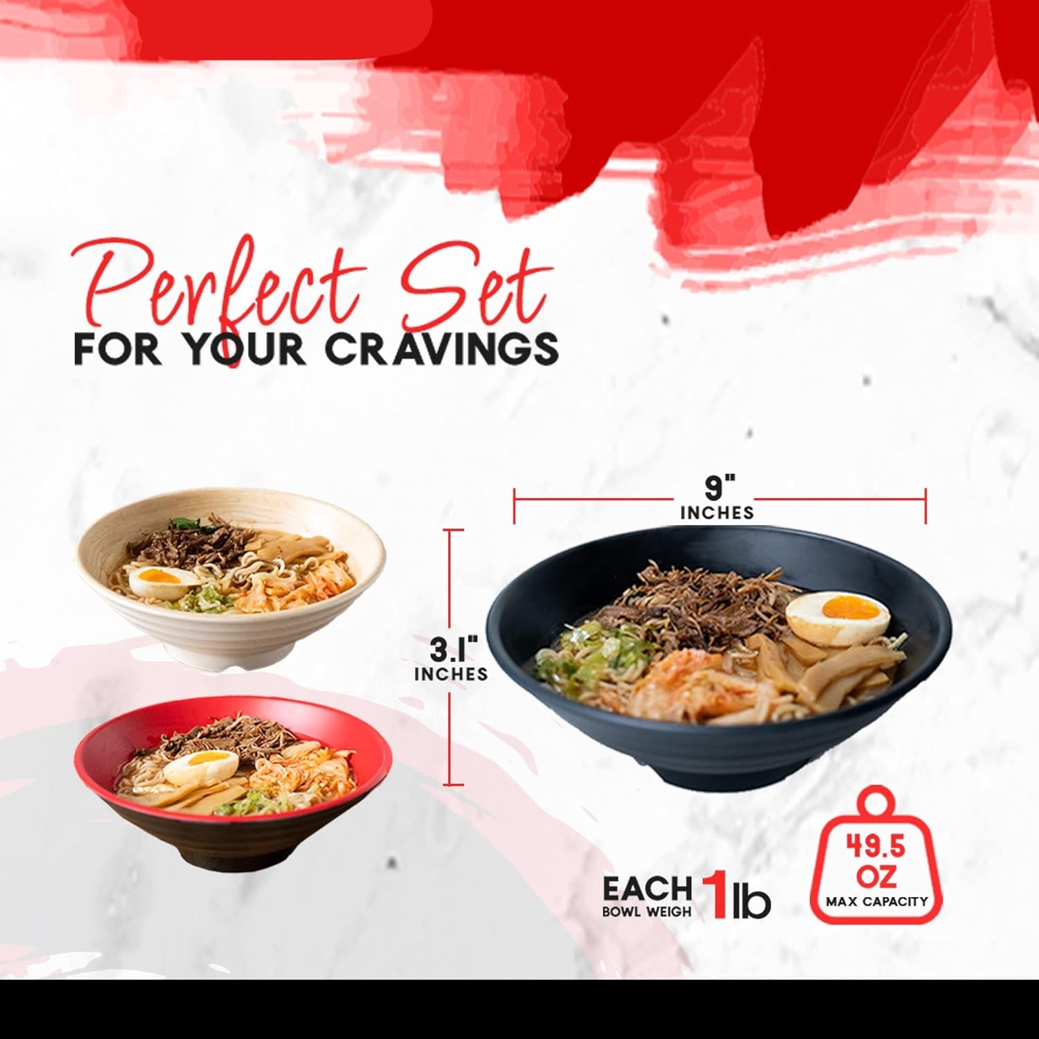 4 Large Ramen Bowl Melamine Noodle Bowl Set (49.5 Oz) Chopsticks and Ramen Spoons Asian Chinese Japanese or Pho Soup with Soup Spoons and Chopsticks Complete Dinnerware