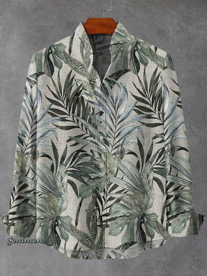 2025 Spring and Autumn Men'S Fashion Stand Collar Linen Long Sleeved Shirt Elegant Fragmented Pattern Printed Top