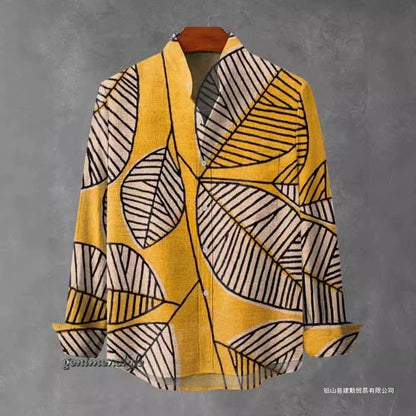2025 Spring and Autumn Men'S Fashion Stand Collar Linen Long Sleeved Shirt Elegant Fragmented Pattern Printed Top