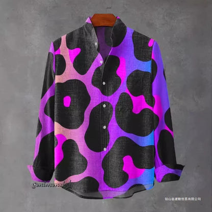 2025 Spring and Autumn Men'S Fashion Stand Collar Linen Long Sleeved Shirt Elegant Fragmented Pattern Printed Top