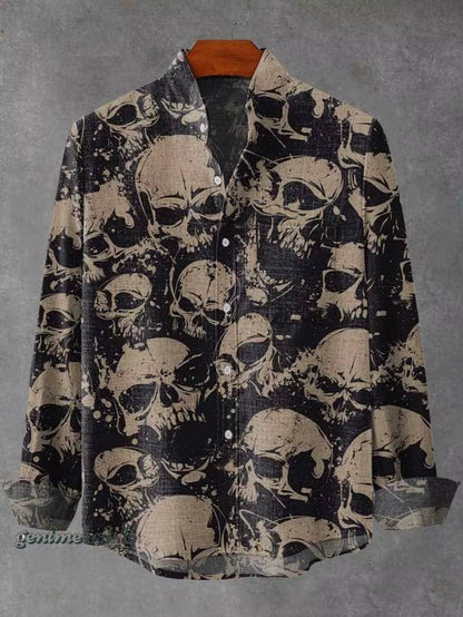 2025 Spring and Autumn Men'S Fashion Stand Collar Linen Long Sleeved Shirt Elegant Fragmented Pattern Printed Top