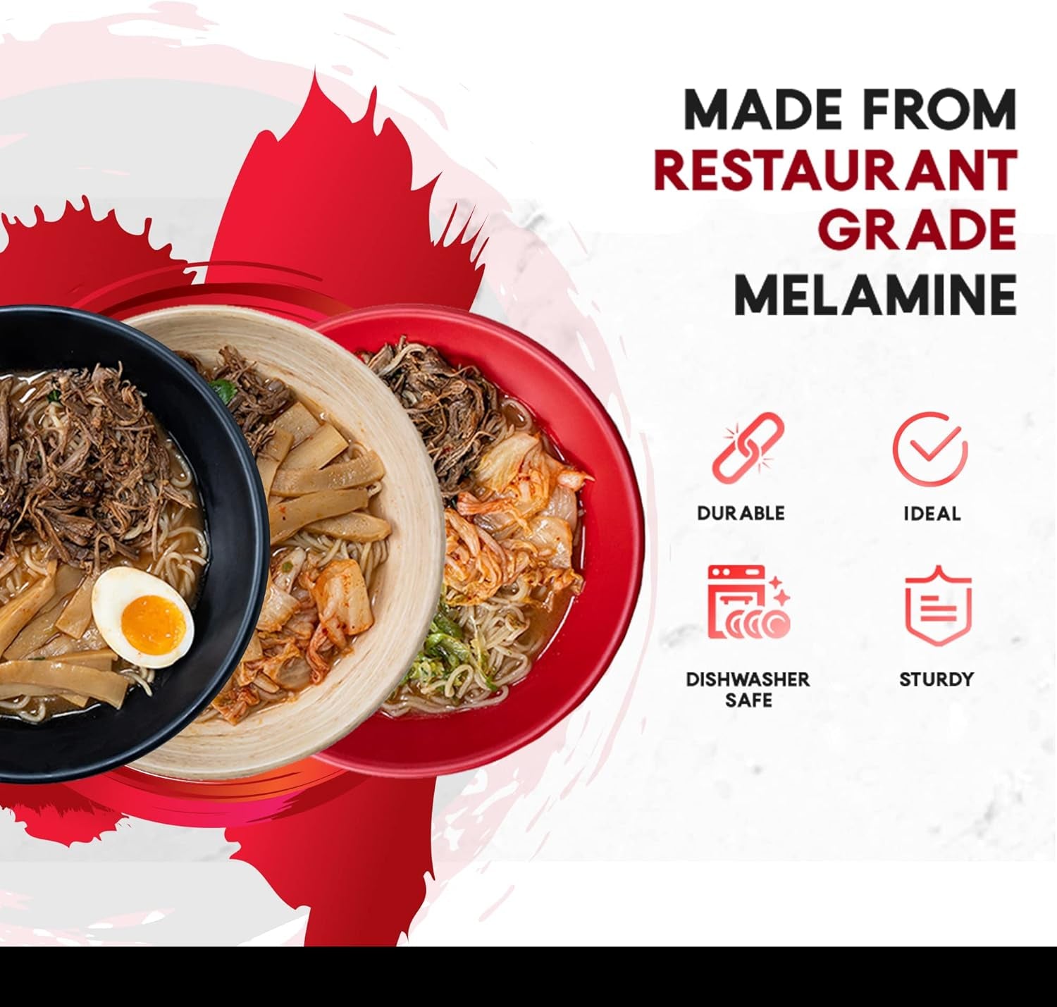 4 Large Ramen Bowl Melamine Noodle Bowl Set (49.5 Oz) Chopsticks and Ramen Spoons Asian Chinese Japanese or Pho Soup with Soup Spoons and Chopsticks Complete Dinnerware