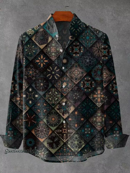 2025 Spring and Autumn Men'S Fashion Stand Collar Linen Long Sleeved Shirt Elegant Fragmented Pattern Printed Top