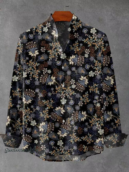 2025 Spring and Autumn Men'S Fashion Stand Collar Linen Long Sleeved Shirt Elegant Fragmented Pattern Printed Top