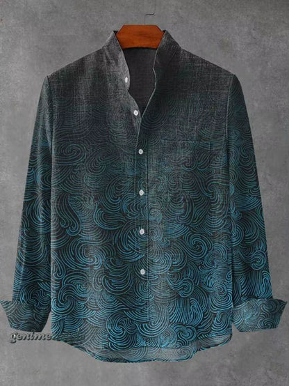 2025 Spring and Autumn Men'S Fashion Stand Collar Linen Long Sleeved Shirt Elegant Fragmented Pattern Printed Top
