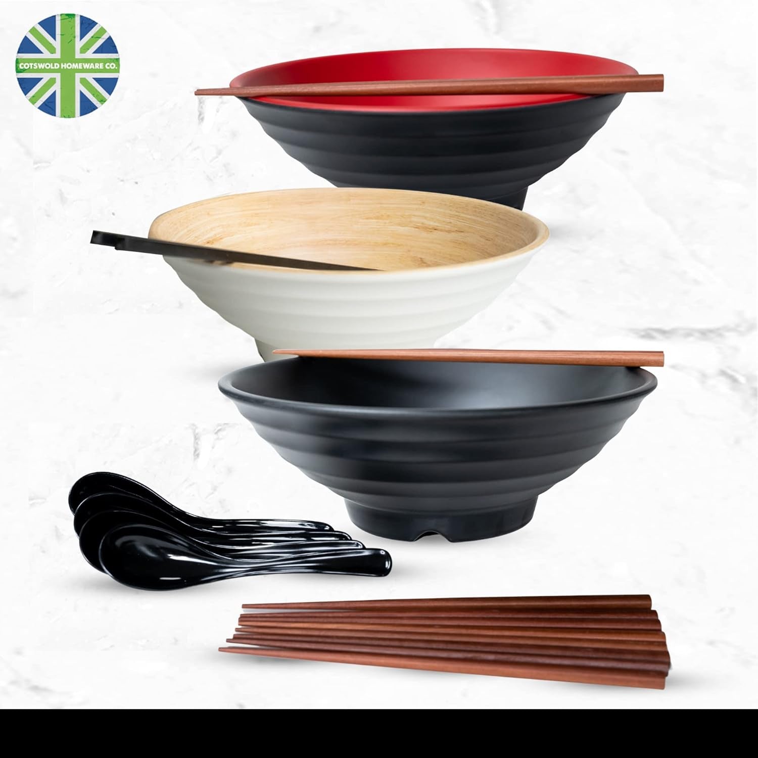 4 Large Ramen Bowl Melamine Noodle Bowl Set (49.5 Oz) Chopsticks and Ramen Spoons Asian Chinese Japanese or Pho Soup with Soup Spoons and Chopsticks Complete Dinnerware
