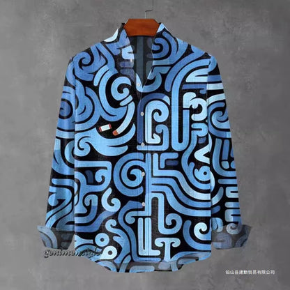 2025 Spring and Autumn Men'S Fashion Stand Collar Linen Long Sleeved Shirt Elegant Fragmented Pattern Printed Top